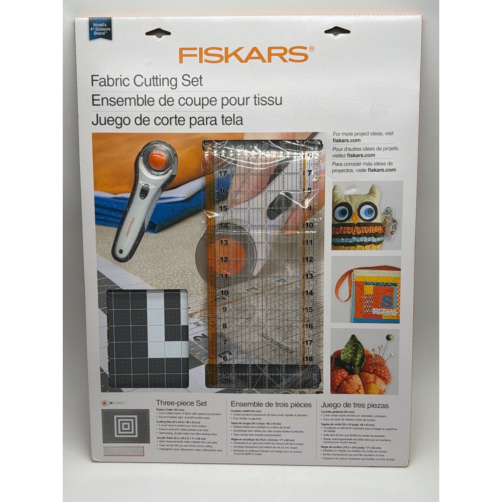 Fiskars Fabric Cutting Set 3pc Rotary Cutter 45mm Mat 18x24 Ruler 6.5x24.5